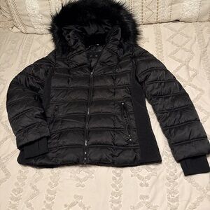 Nautica Women's Black Puffer Jacket with Faux Fur Trim